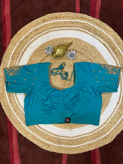 44” Size 14 Aari Worked Sari Blouse Indian Saree Top Silk Blue B137