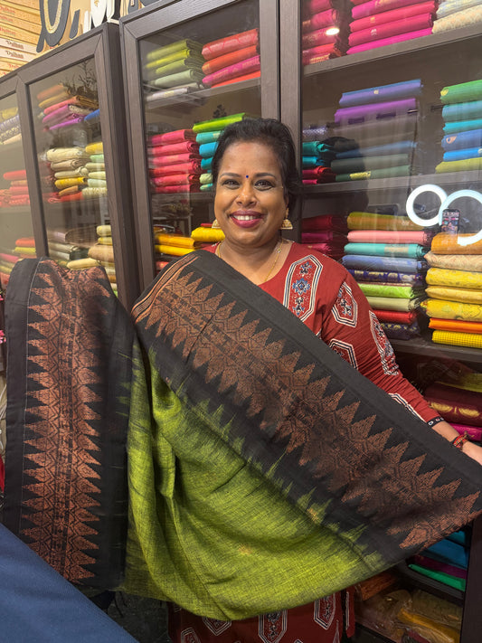 Silk Cotton Linen Sari Indian Saree Copper Jari Green Black S128