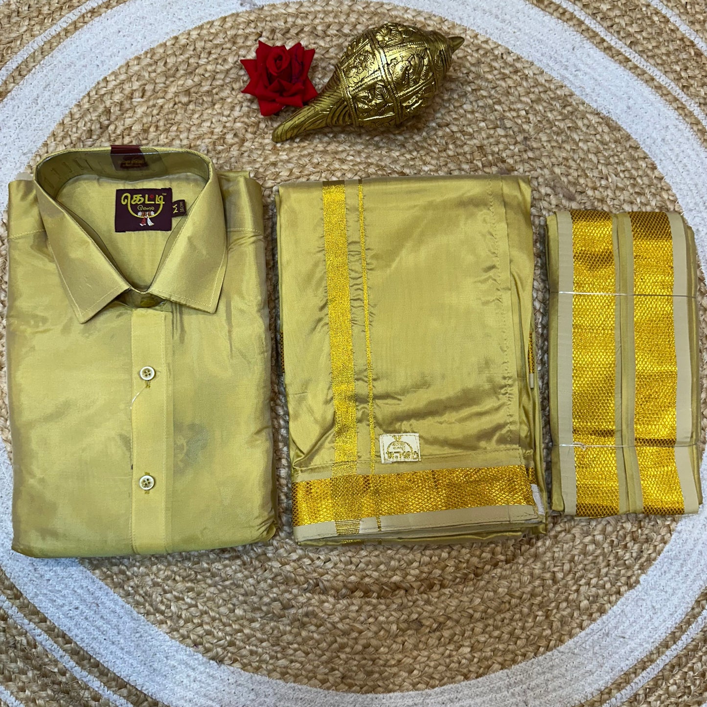 38” Med Men’s South Indian Vesti Shirt Combo Gold Silk Dhotti V13
