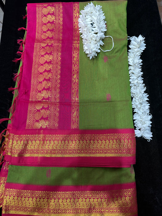 Kalyani Silk Cotton Sari Indian Saree Green & Pink S48
