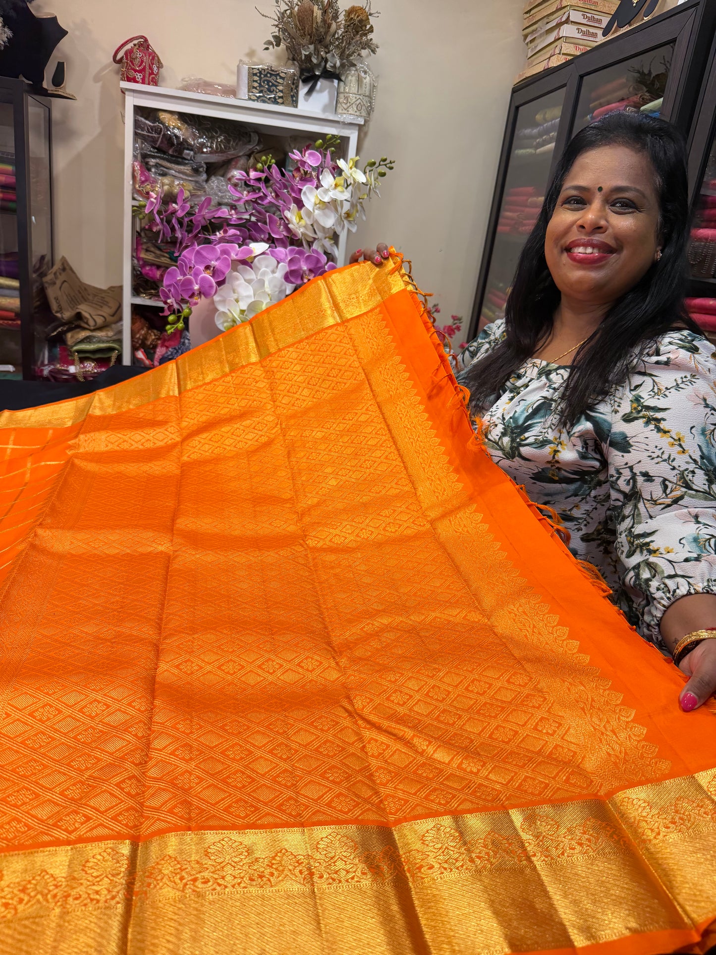 Kanchipuram Pure Silk Saree Orange Kanjivaram Sari SPK206