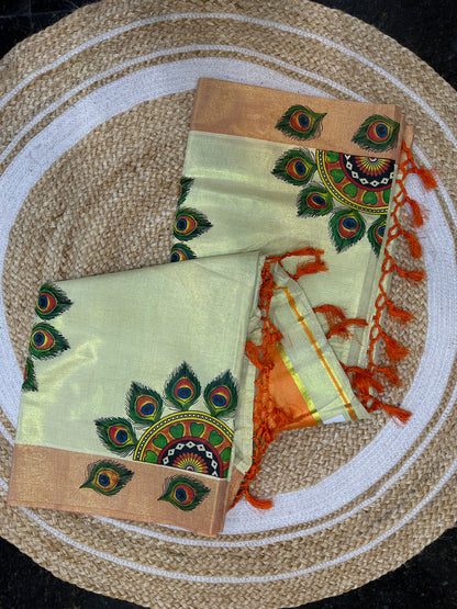 Kerala Vishu Sari Indian Cream Tissue hand Printed Kasavu Onam Saree C18