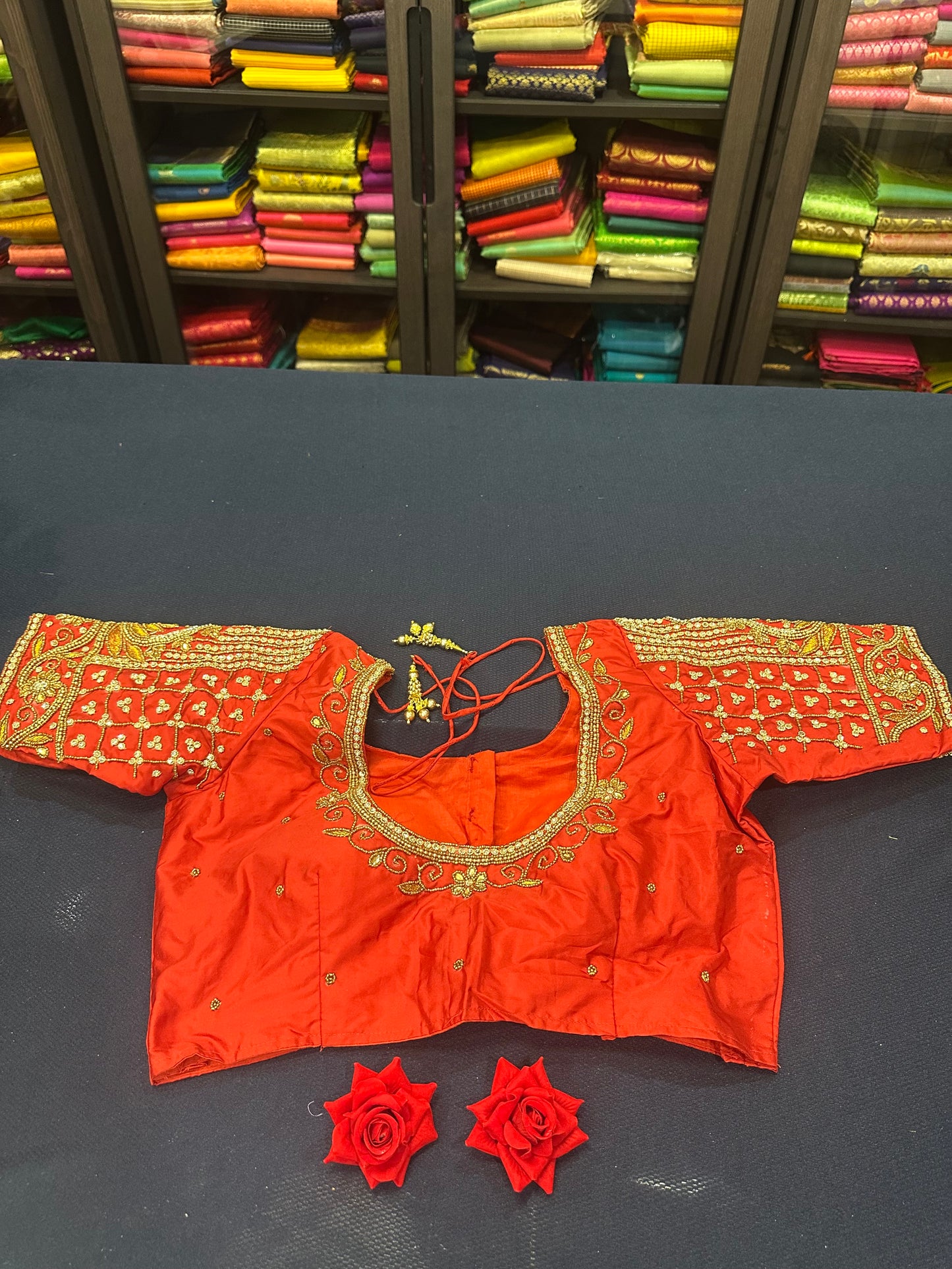 40” Aari hand Worked Sari Blouse Indian Top Choli Silk Red B17