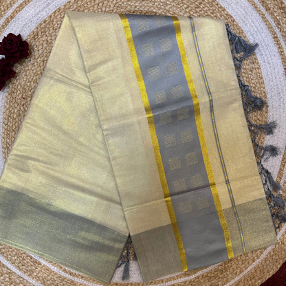 Brown Kerala Vishu Sari Indian Cream Tissue Saree C34