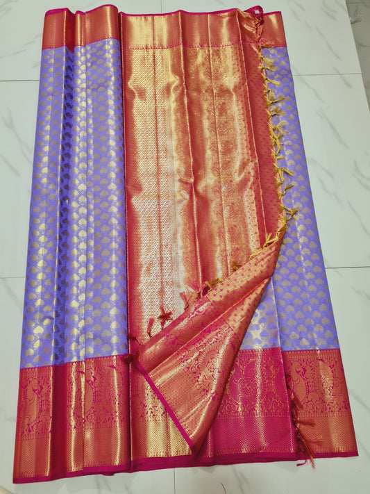 Bridal Tissue Kanchipuram Pure Silk Saree Purple & Pink Kanjivaram Sari| SPK148