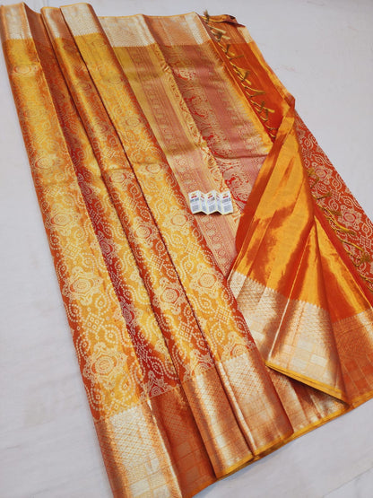 Bridal Tissue Kanchipuram Pure Silk Saree Orangish Gold Kanjivaram Sari| SPK127
