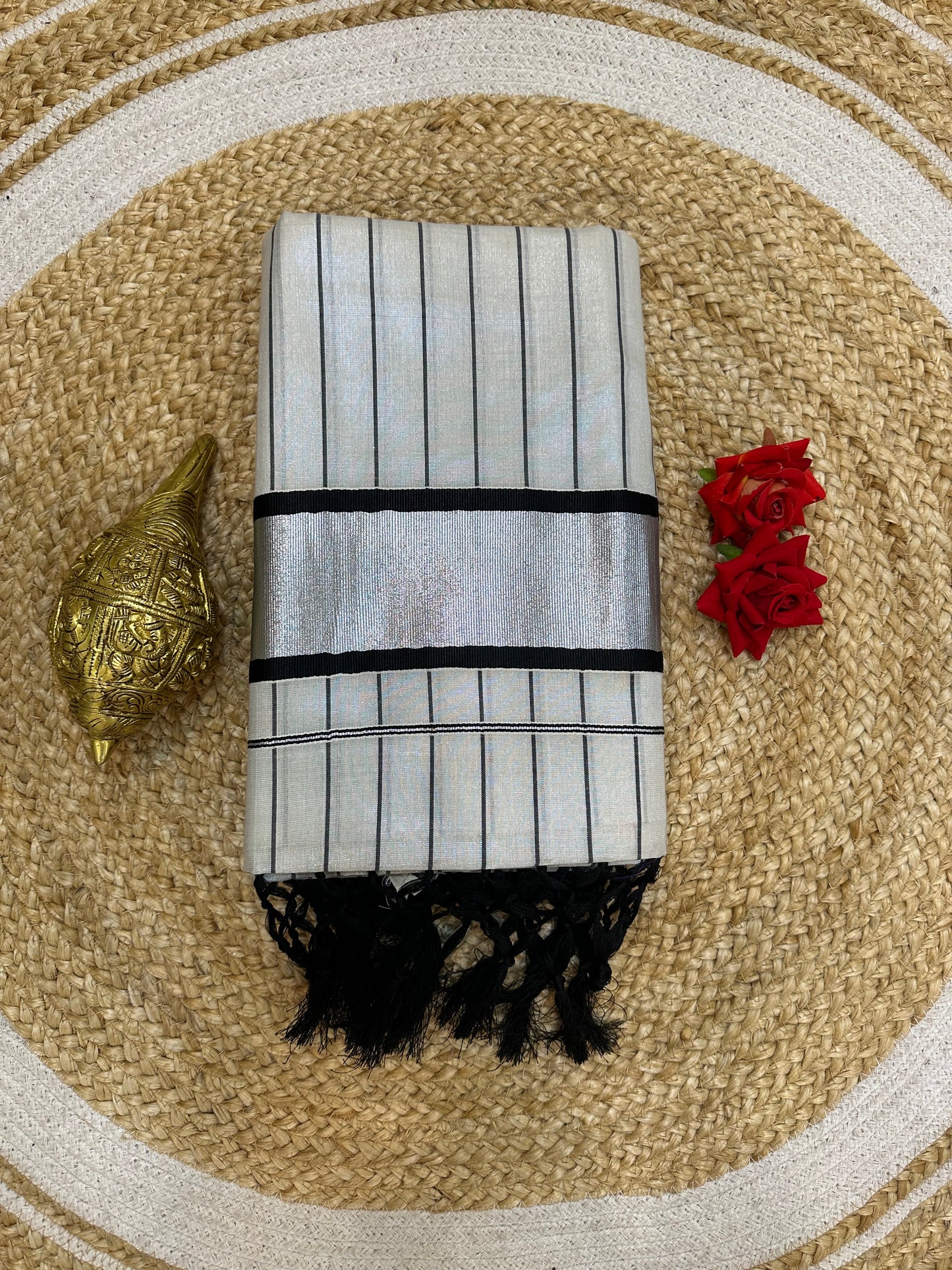 Kerala Vishu Sari Indian Onam Silver Grey Black  Saree C19