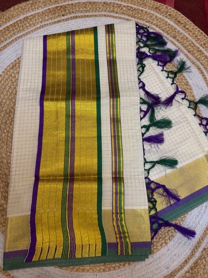 Kerala Vishu Sari Indian hand Printed Kasavu Onam Saree C36 Col 6