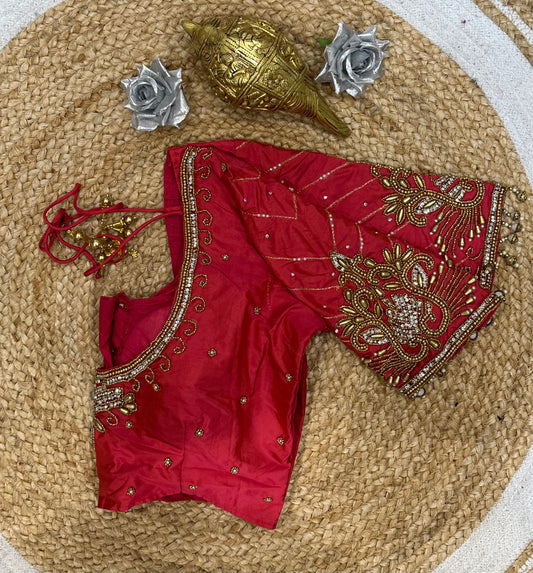 34” XSmall Aari Worked Sari Blouse Indian Saree Top Silk Pink B117