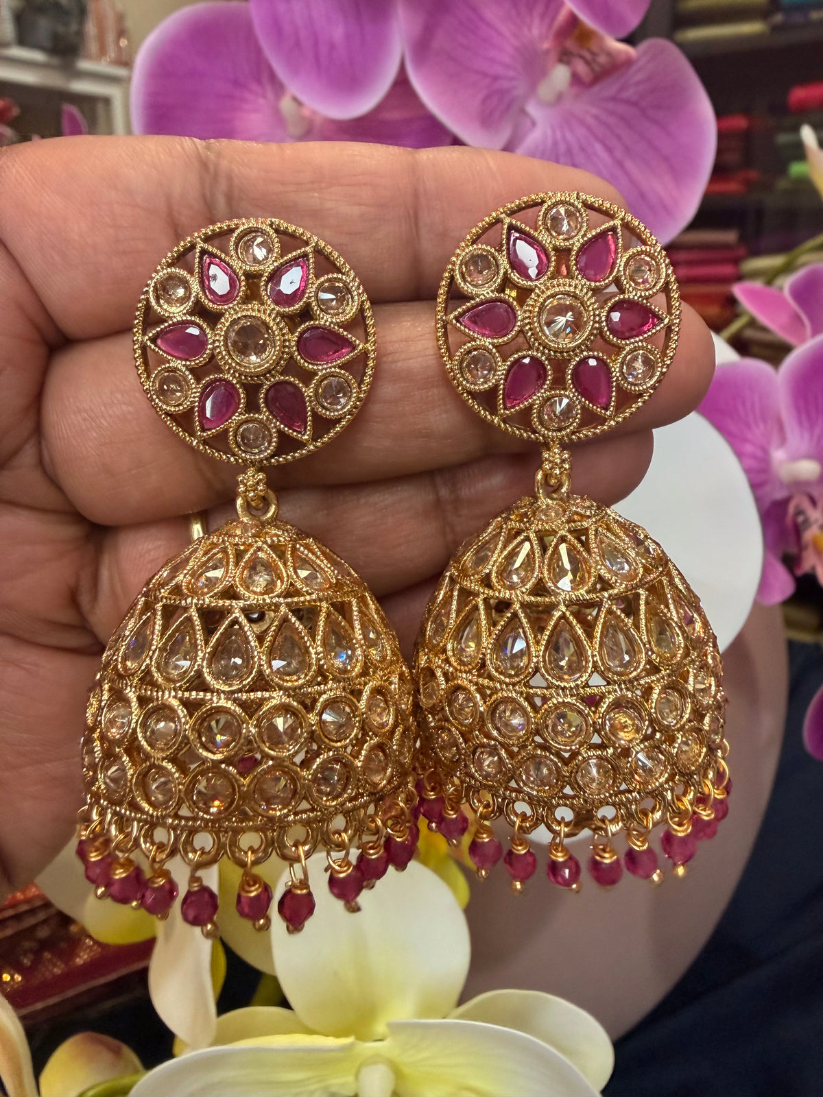 Golden Pink Jumka Jhumka Indian Brass Earrings Jimikki Kammal Indian Jewellery E30