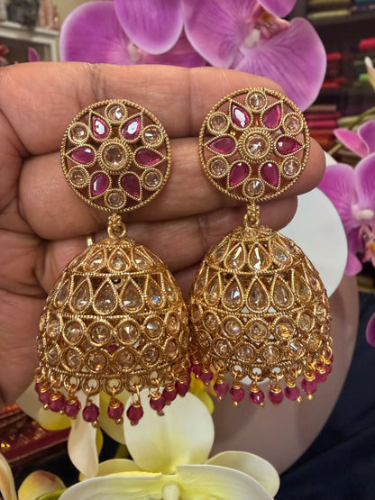 Golden Pink Jumka Jhumka Indian Brass Earrings Jimikki Kammal Indian Jewellery E30