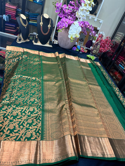 Kanchipuram Pure Silk Saree Green & Copper Kanjivaram Sari| SPK129