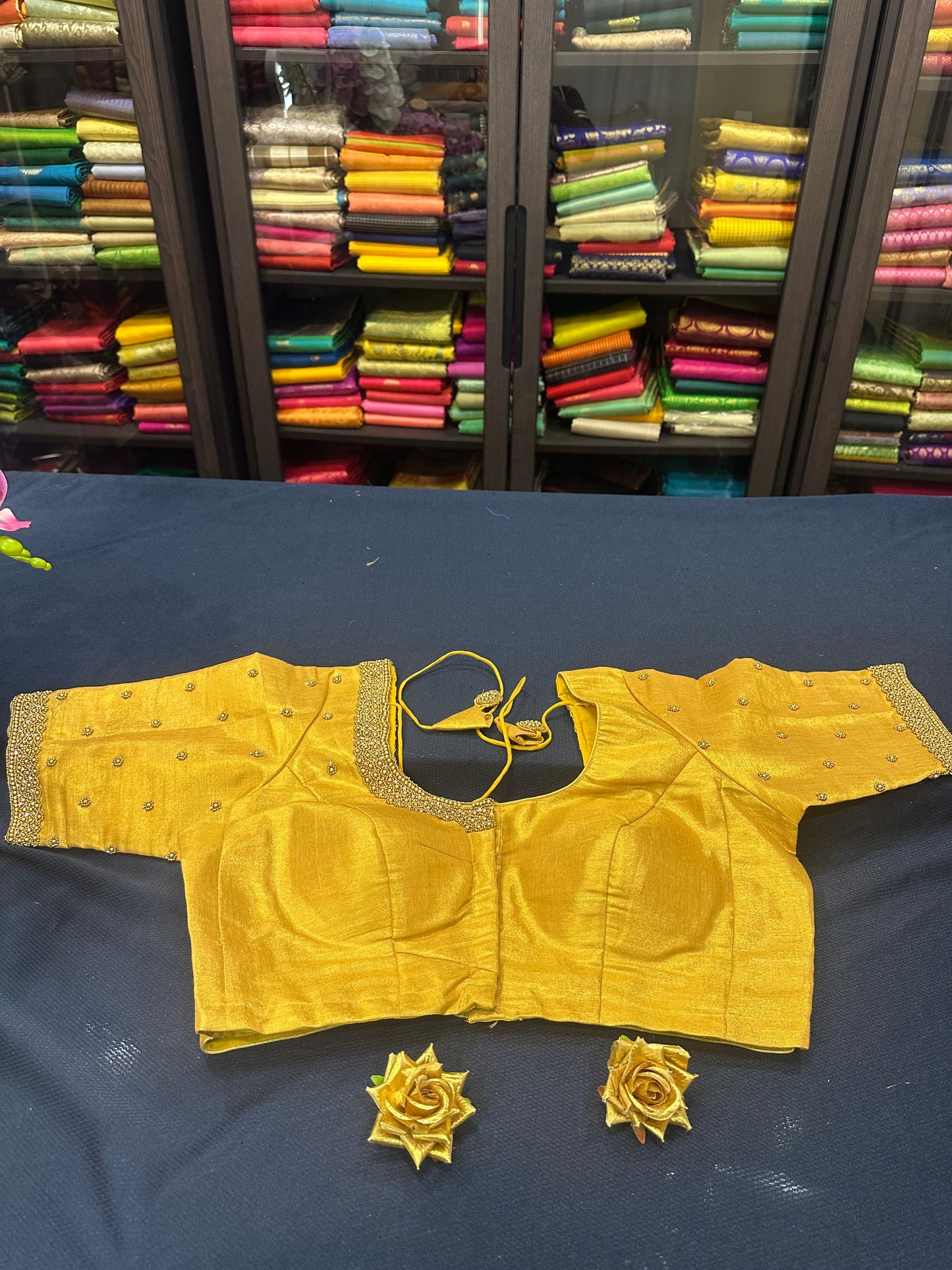 40” Aari hand Worked Sari Blouse Indian Top Choli Silk Gold B10