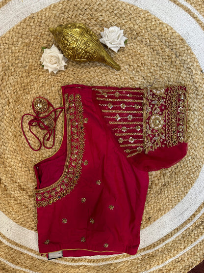 50” Size 20 Aari Worked Sari Blouse Indian Saree Top Silk Red B51