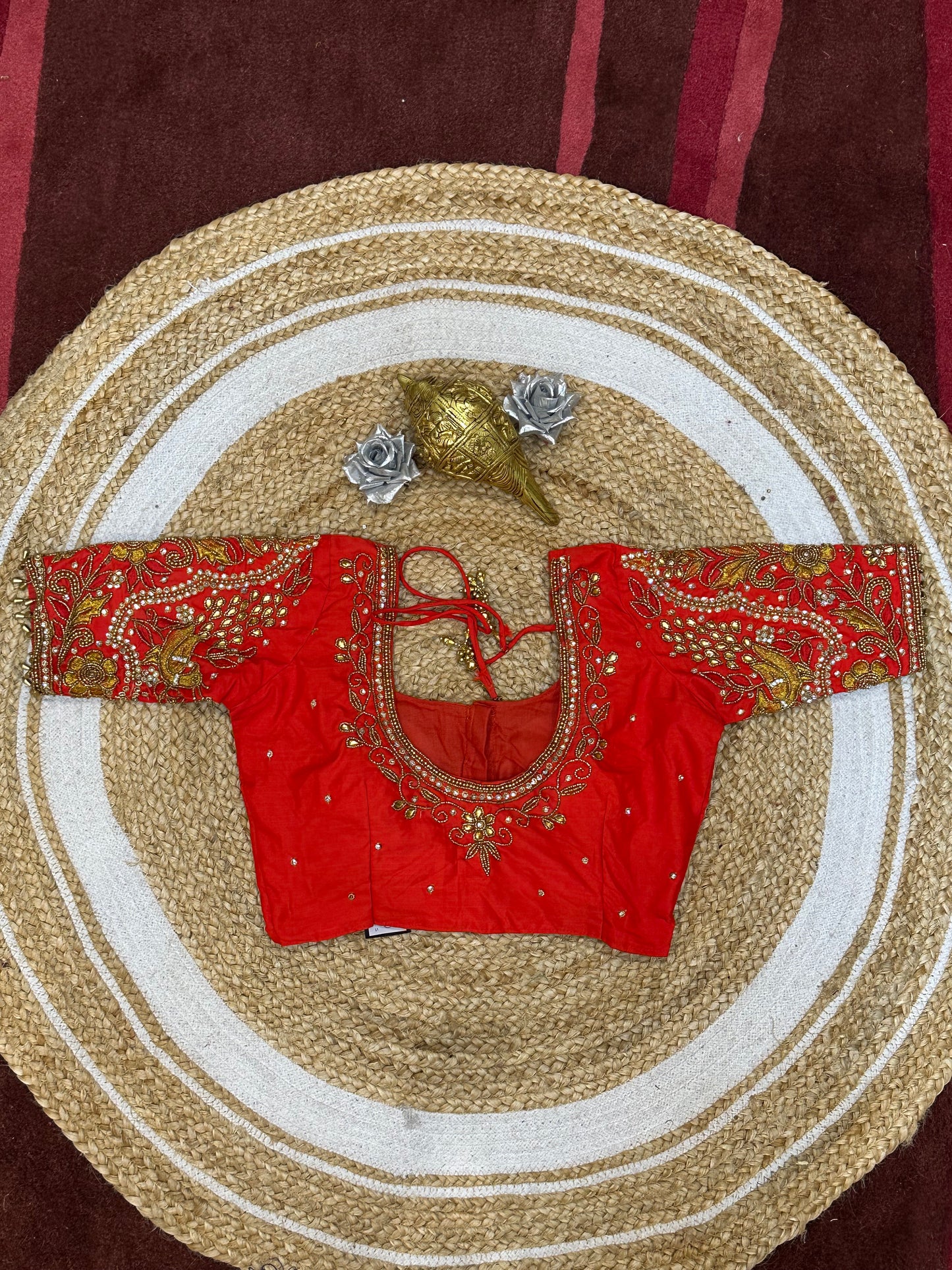 34” XS Aari Worked Sari Blouse Indian Saree Top Silk Red B102