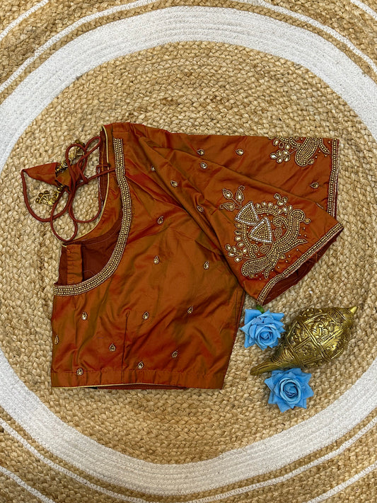 46” Size 16 Aari Worked Sari Blouse Indian Saree Top Silk Metallic Orange B194