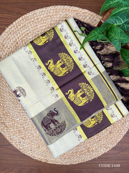 Pink Elephant Kerala Vishu Sari Indian Cream Tissue Saree C7