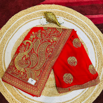 Georgette Sari Indian Fancy Party wear Saree Red V3