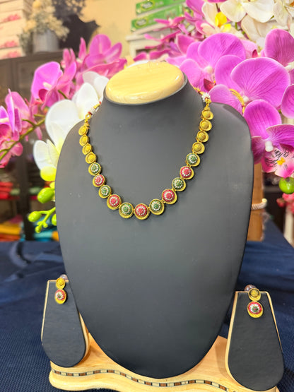 Indian Necklace & Earrings Ruby Pink & Green Multi Addiyal Jewellery Set V4
