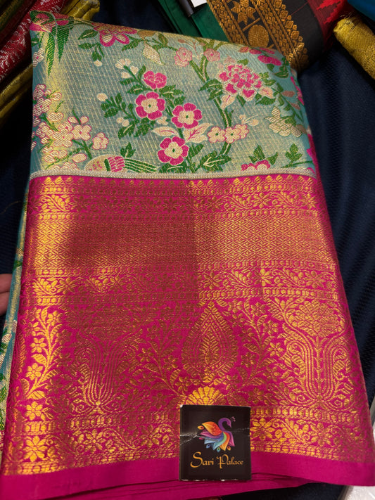 Bridal Tissue Kanchipuram Pure Silk Saree Gold & Pink Kanjivaram Sari| SPK166