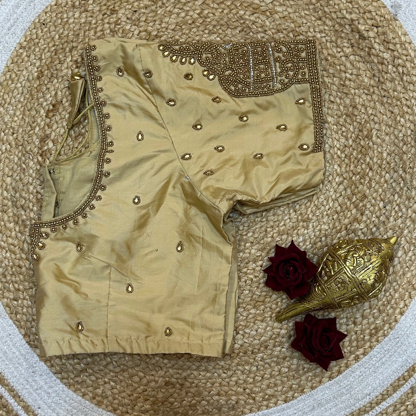 44” Size 14 Aari Worked Sari Blouse Indian Saree Top Light Gold B259