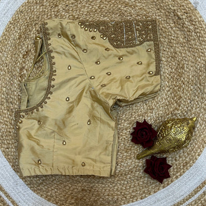 44” Size 14 Aari Worked Sari Blouse Indian Saree Top Light Gold B259