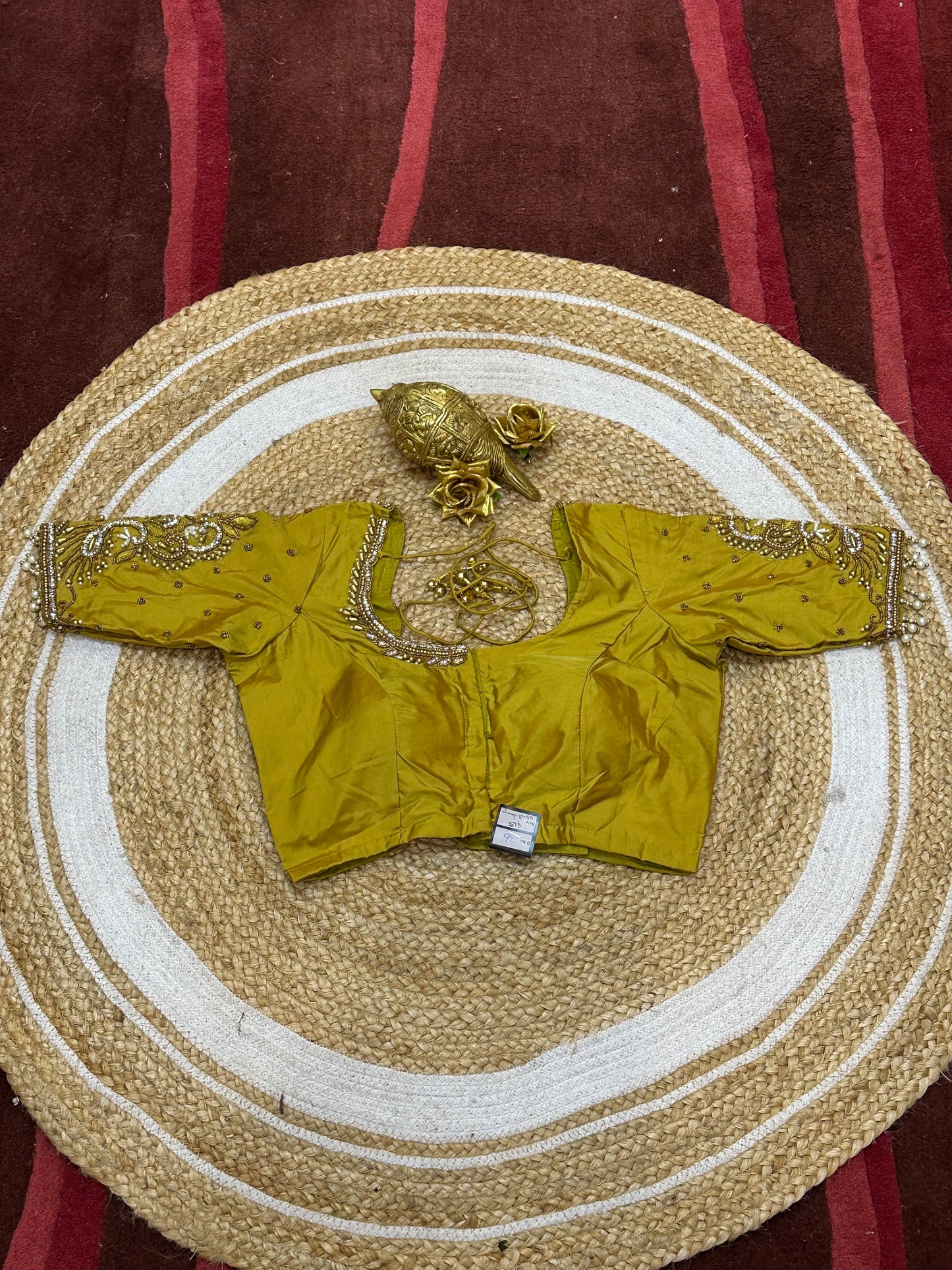 36” Small size Aari Worked Sari Blouse Indian Saree Mustard Yellow B215