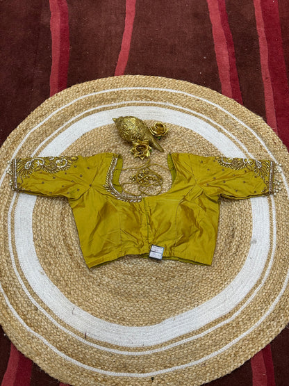36” Small size Aari Worked Sari Blouse Indian Saree Mustard Yellow B215