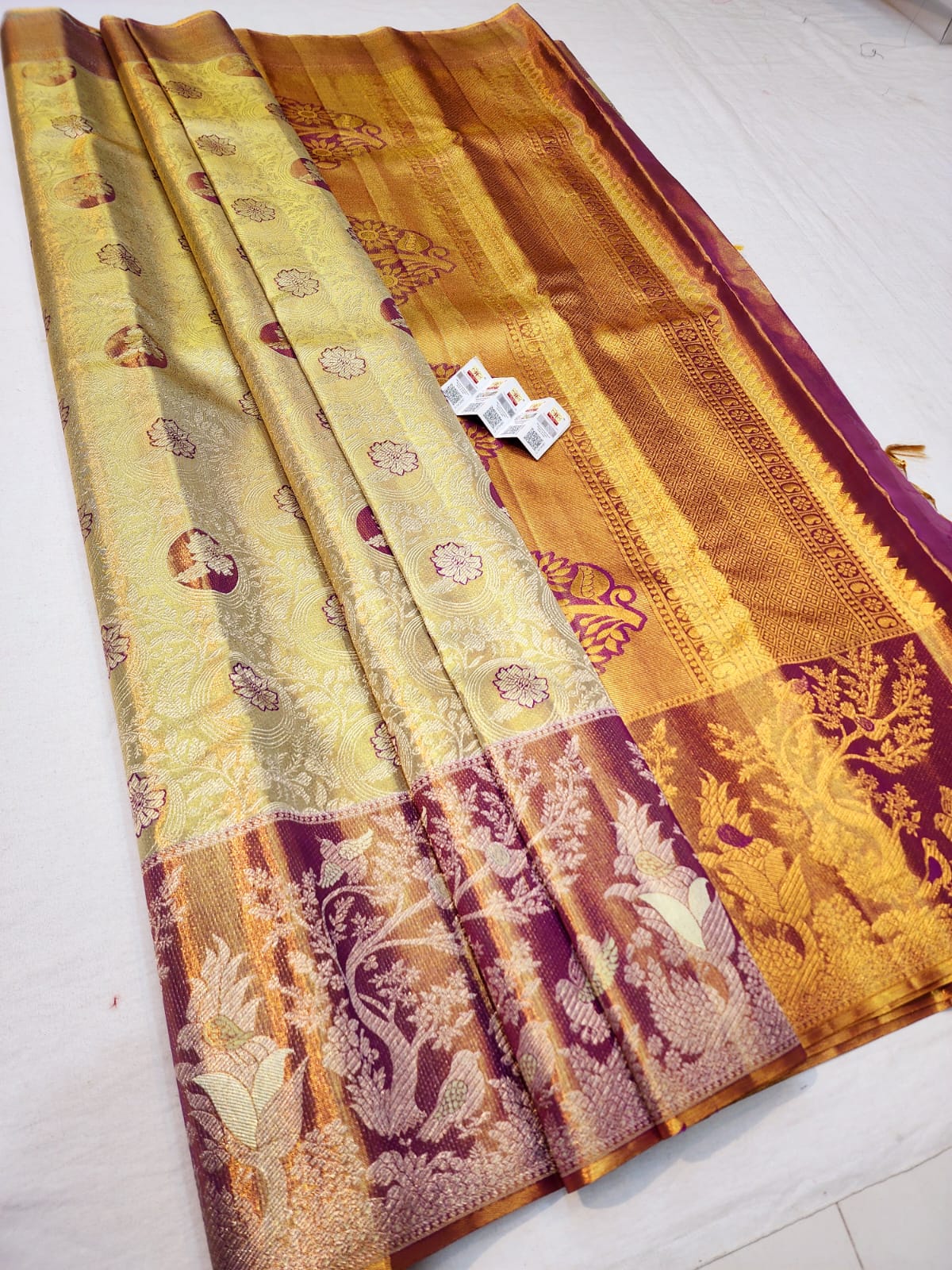 Kanchipuram Pure Silk Saree Bridal Cream Kanjivaram Sari SPK246