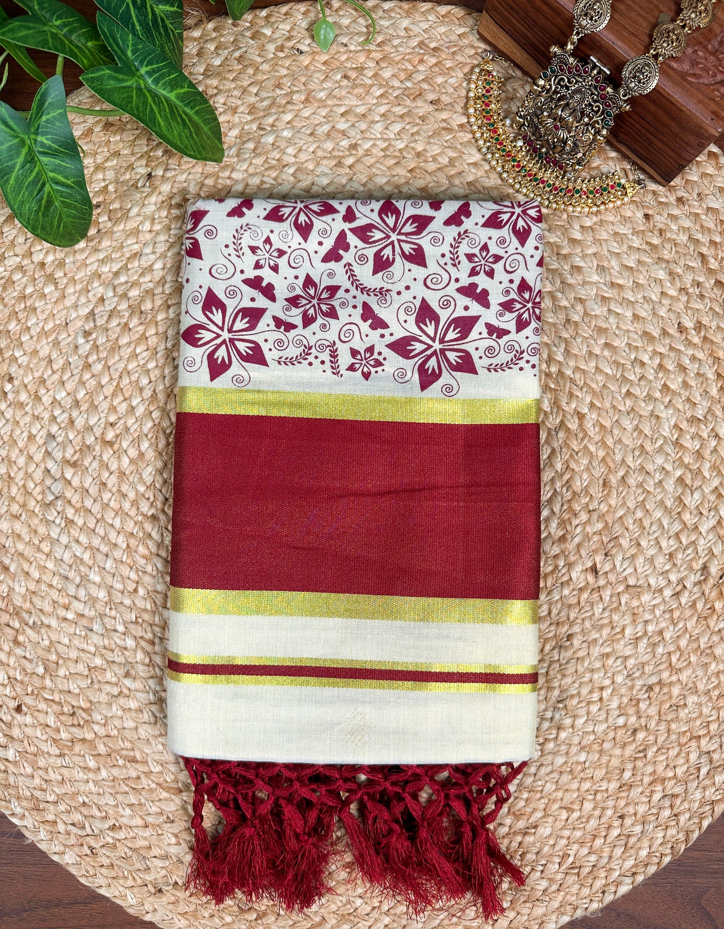 Maroon Kerala Vishu Sari Indian Premium Cream Saree C7