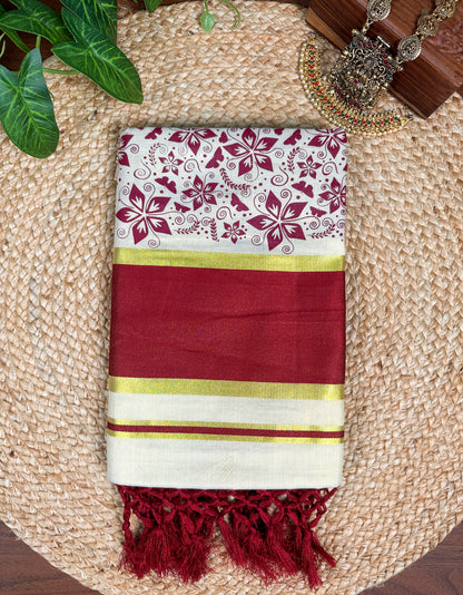 Maroon Kerala Vishu Sari Indian Premium Cream Saree C7