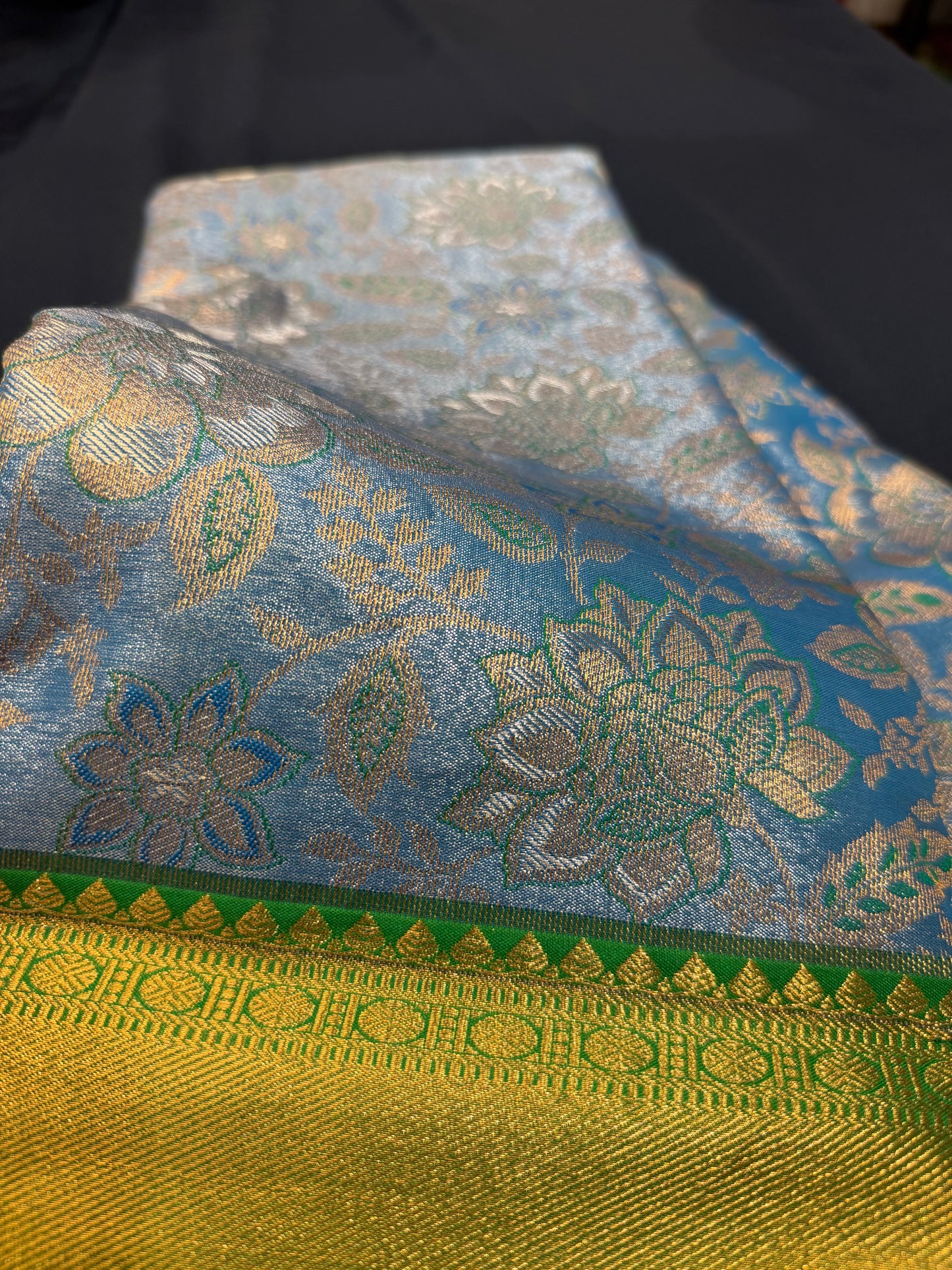 Semi Silk Indian Bridal Tissue Kanjivaram / Kanchipuram Sari Blue Saree SEMI1