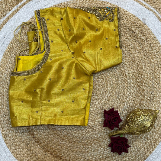 44” Size 14 Aari Worked Sari Blouse Indian Saree Top Silk Yellow B252