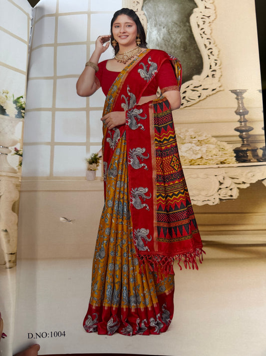 Indian Crape Silk Saree Kalamkari Printed Sari S150