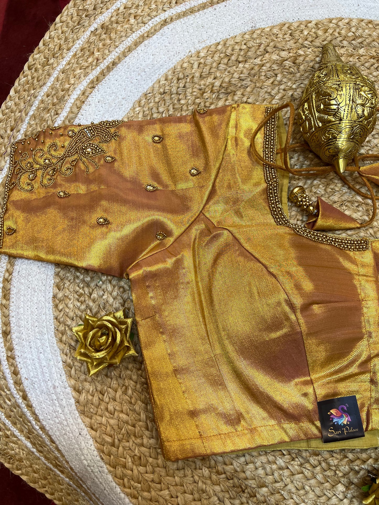 40” Aari hand Worked Sari Blouse Indian Top Choli Silk Gold B45