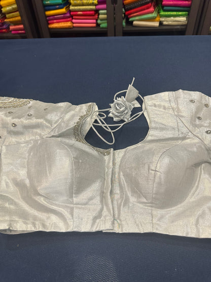 40” Aari hand Worked Sari Blouse Indian Top Choli Silk Silver B23