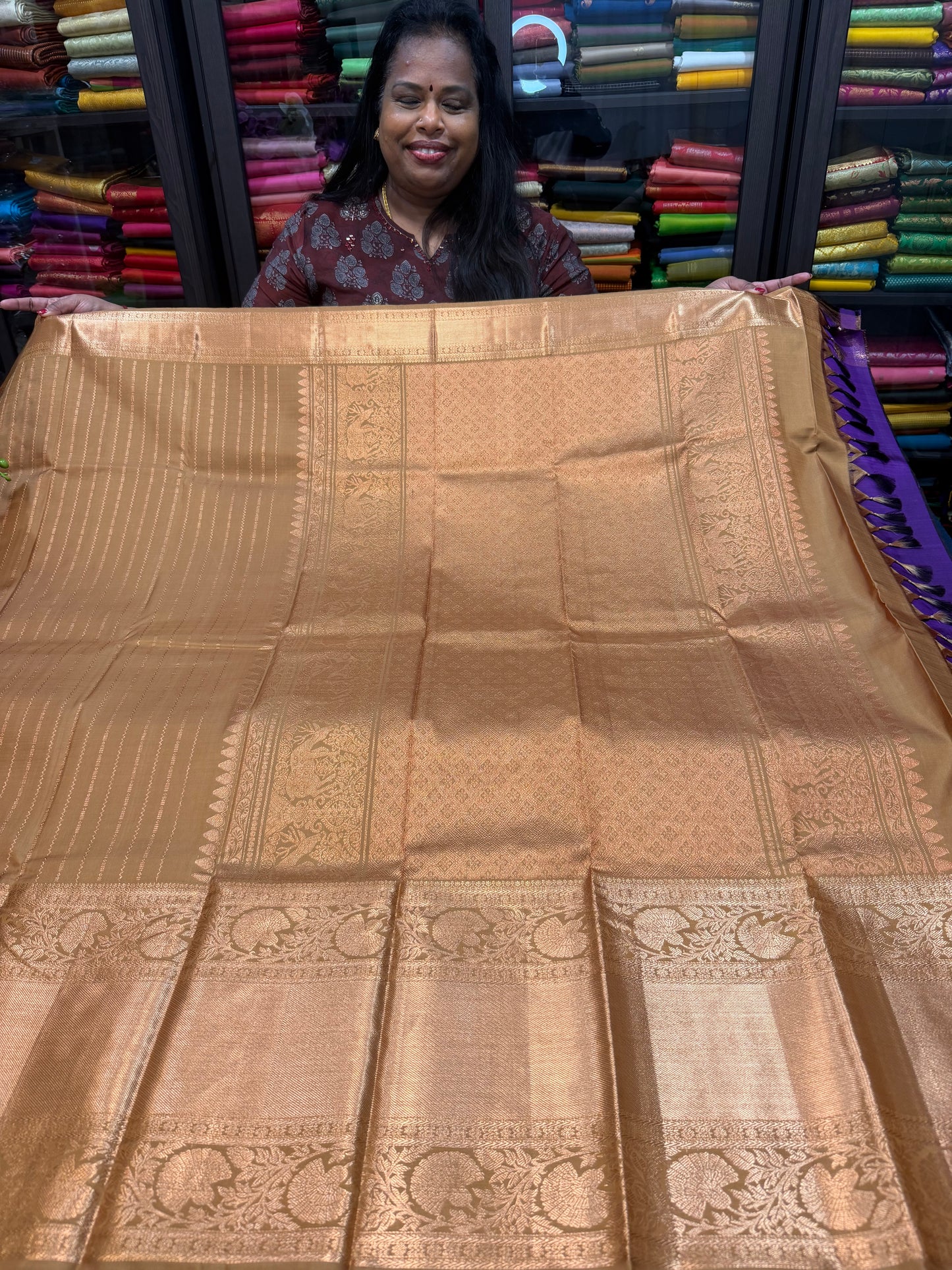 Bridal Kanchipuram Beige Fenugreek colour Pure Silk Saree Kanjivaram Sari SPK421