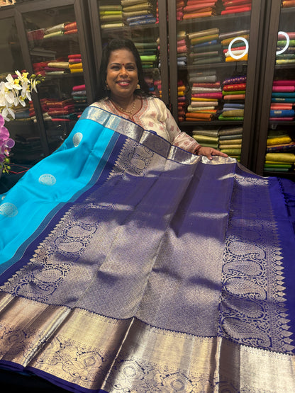 Kanchipuram Pure Silk handloom Saree Indian Kanjivaram Blue Sari SPK359