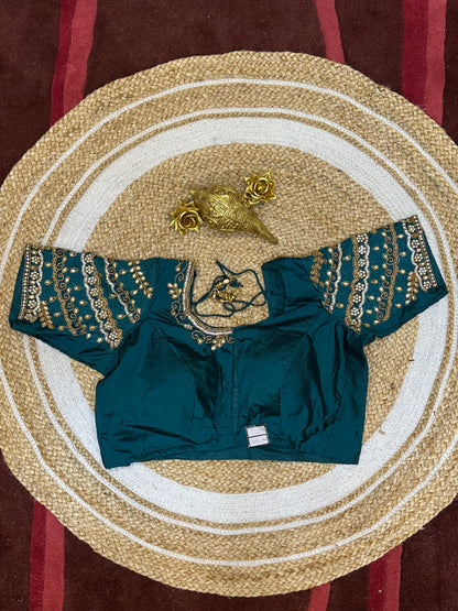 40” Size 10 Aari Worked Sari Blouse Indian Saree Top Silk Teal B69