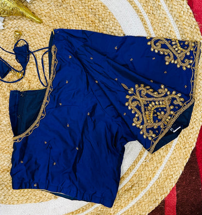 50” Size 20 Aari Worked Sari Blouse Indian Saree Top Silk Blue B54