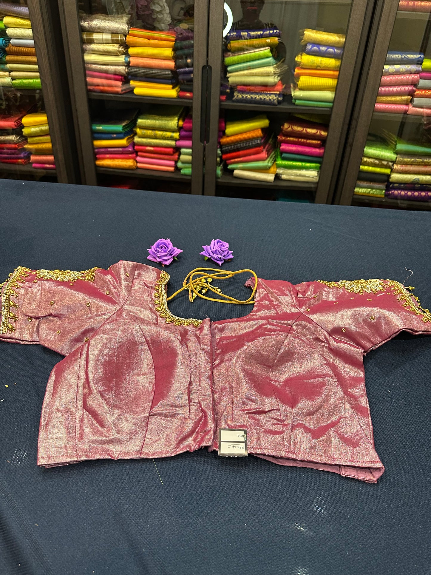 40” Aari hand Worked Sari Blouse Indian Top Choli Silk Onion Pink B3