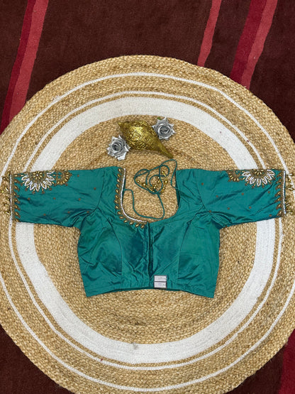 34” XS Aari Worked Sari Blouse Indian Saree Top Silk Turquoise B119