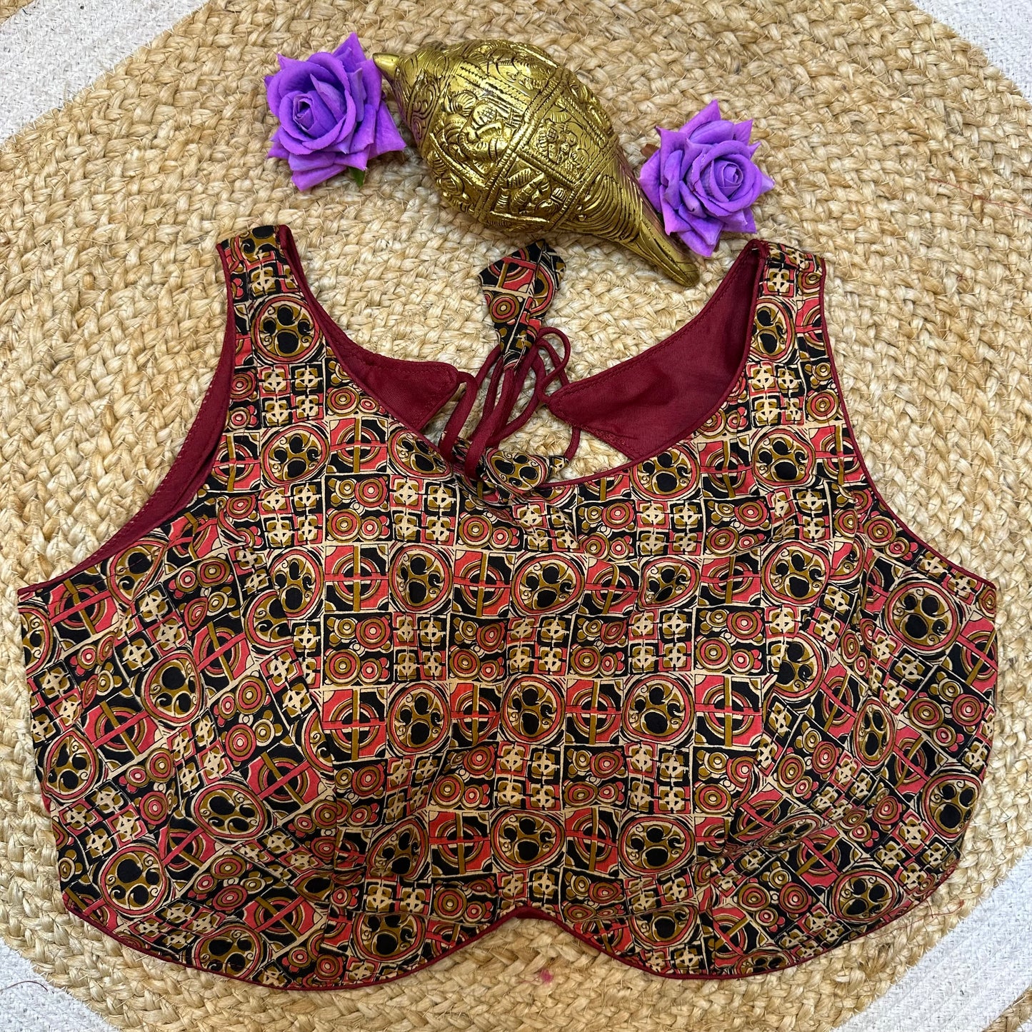 Maroon Cotton Kalamkari 38” Medium Sari Blouse Indian Saree Top B409
