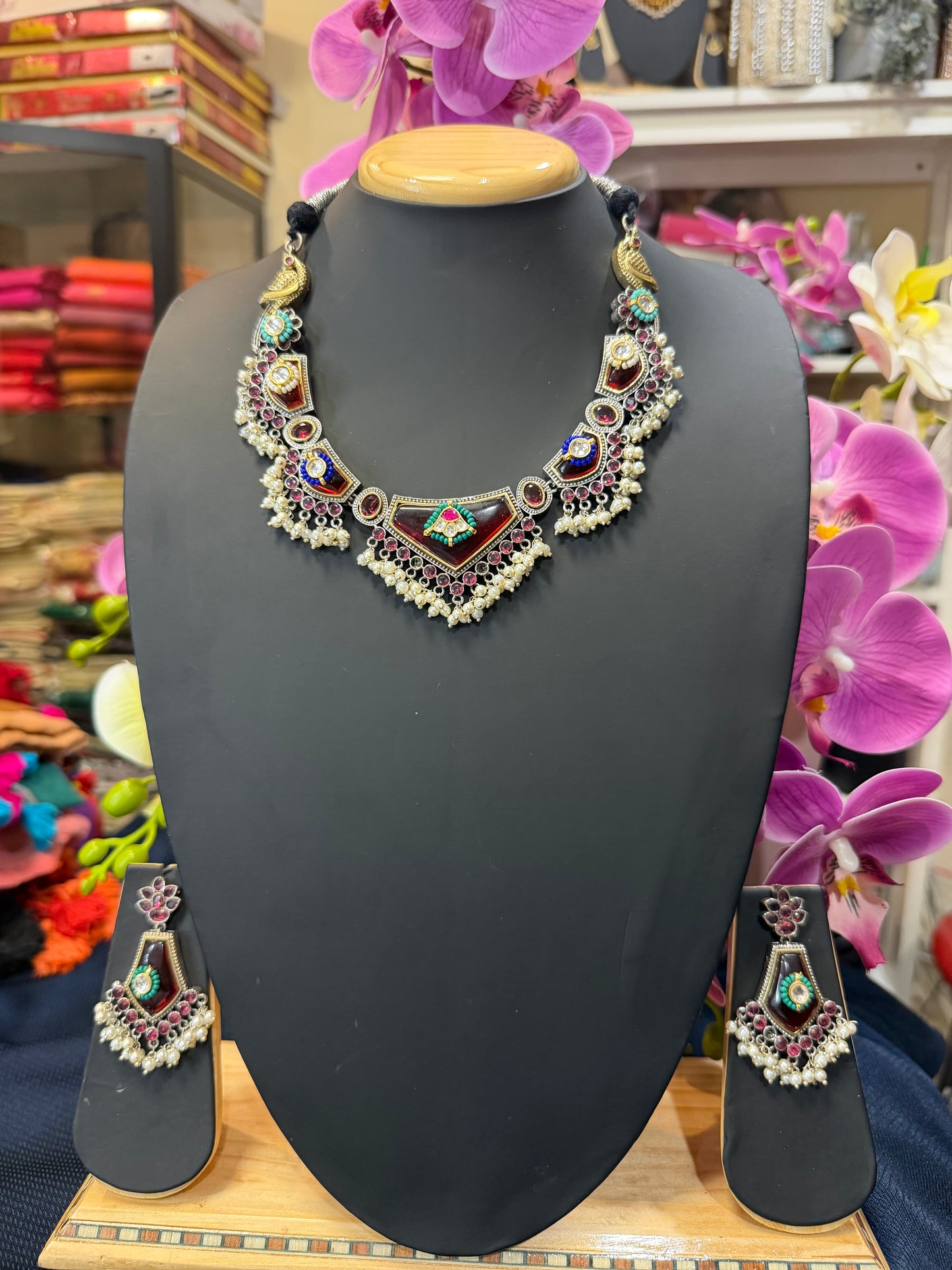Handmade Brass Necklace with Silver polish Indian Tribal Maroon Jewellery N95