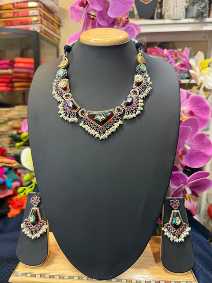 Handmade Brass Necklace with Silver polish Indian Tribal Maroon Jewellery N95