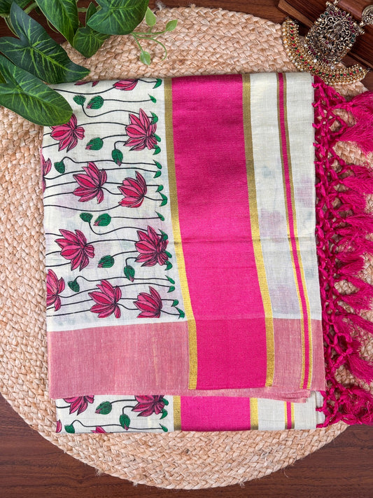 Orange Lotus Kerala Vishu Sari Indian Onam Tissue hand Painted Saree C10