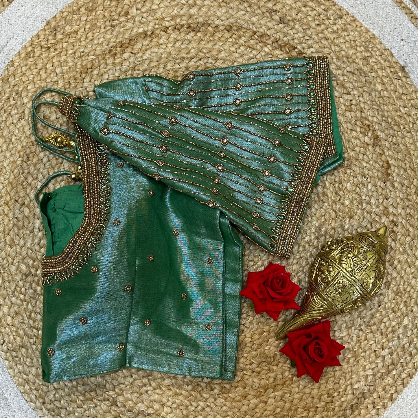 38” M Size 8 Aari Worked Sari Blouse Indian Saree Top Metallic Green B296