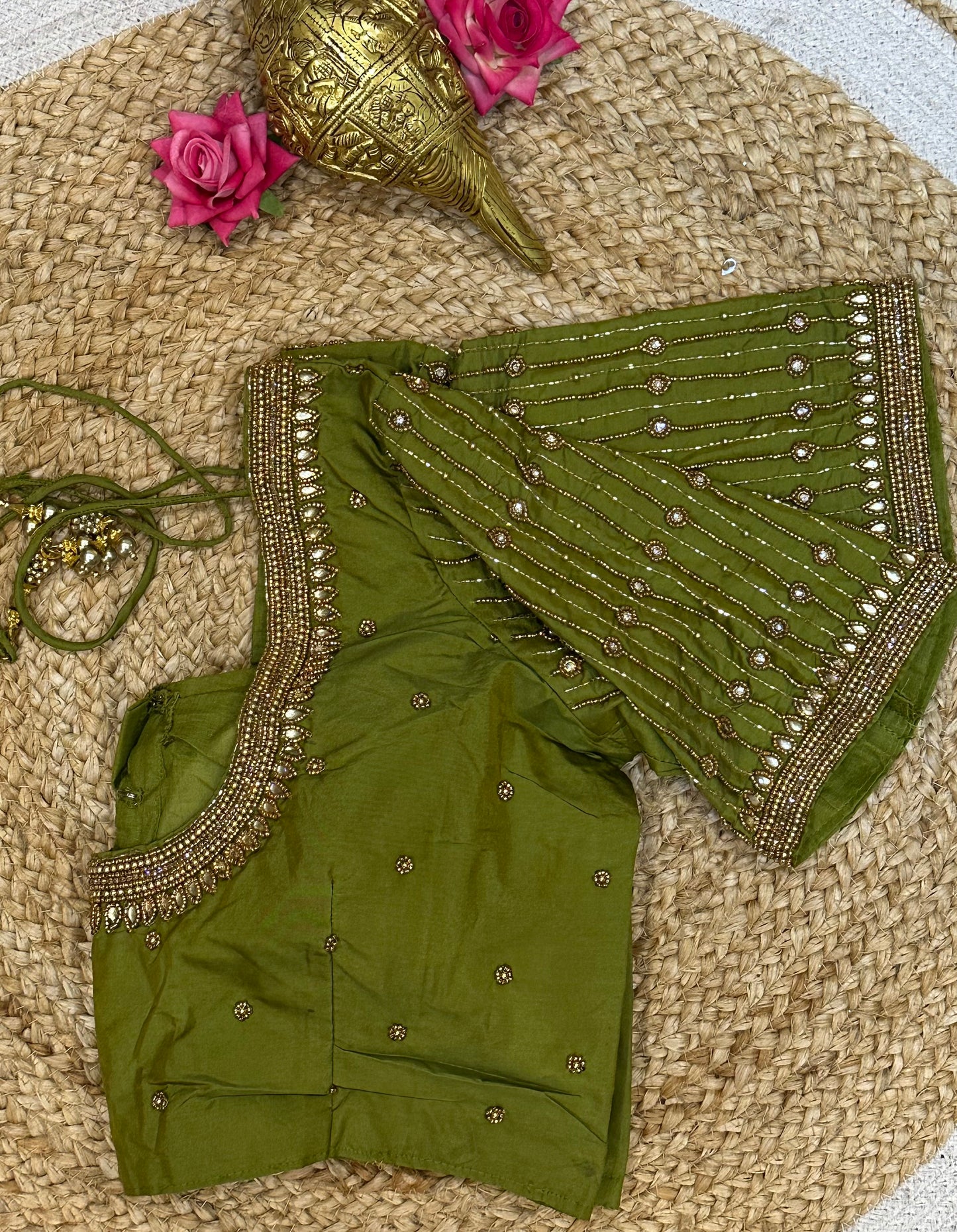 40” Size 10 Aari Worked Sari Blouse Indian Saree Top Silk Green B101