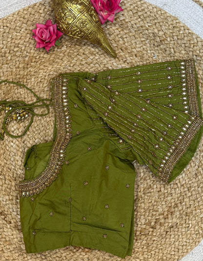 40” Size 10 Aari Worked Sari Blouse Indian Saree Top Silk Green B101