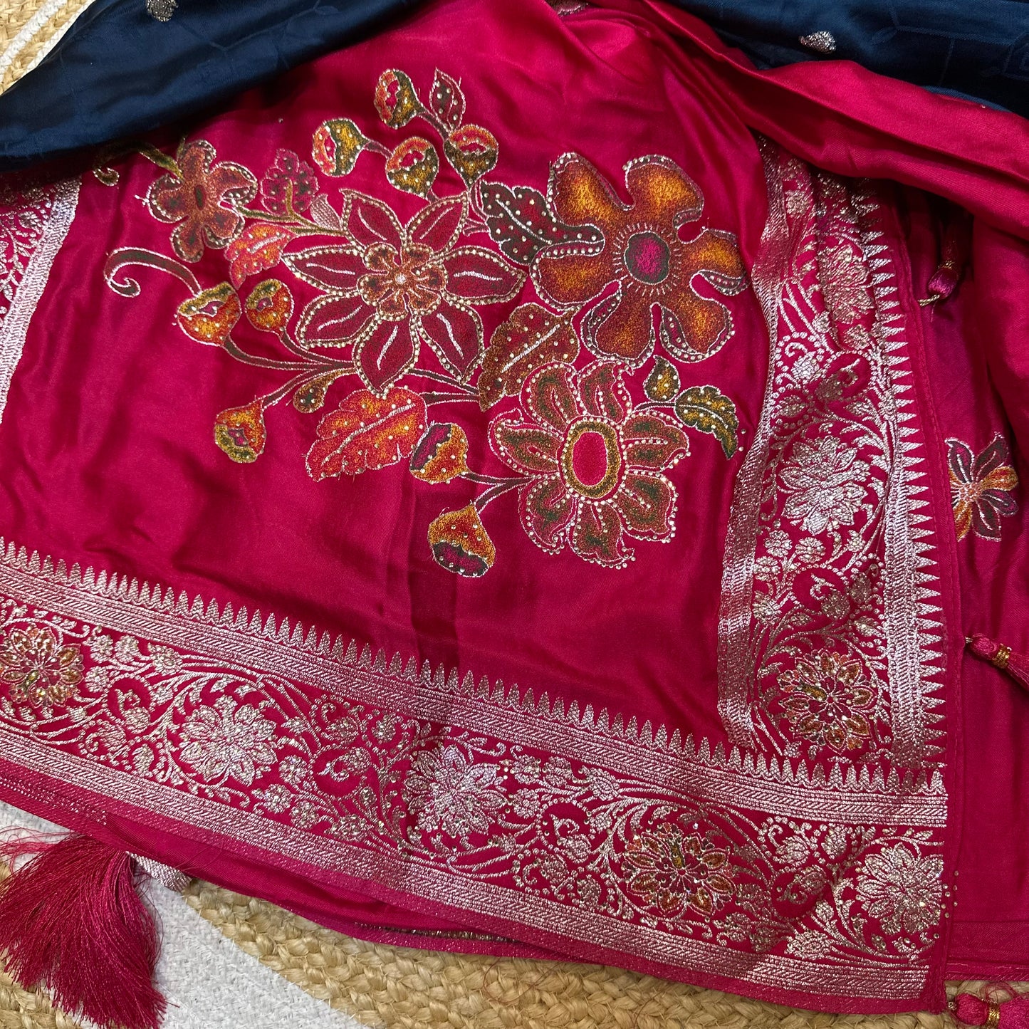 Blue Pink Sari Indian Fancy Stonework Party wear Silk Saree S145